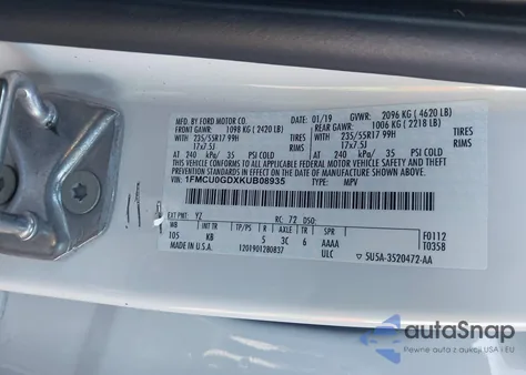 2019 Ford Escape Se from USA, damaged, VIN 1FMCU0GDXKUB08935